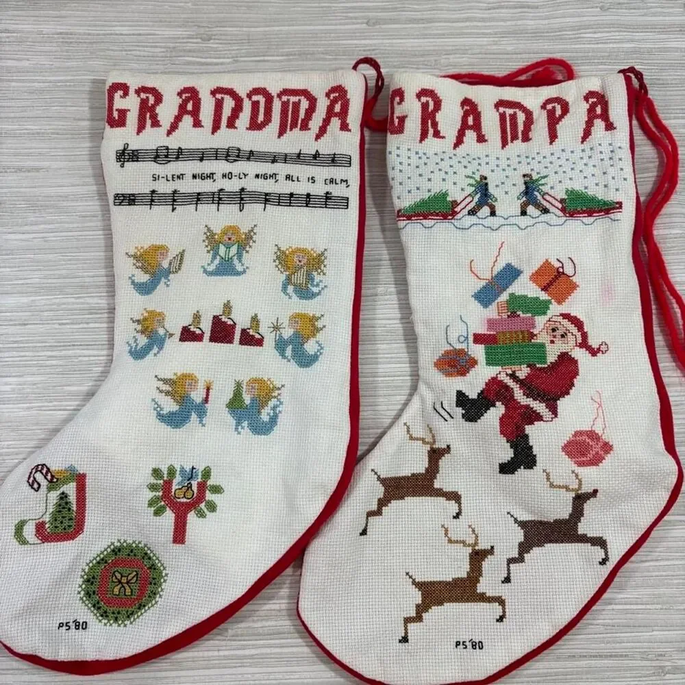 VTG 80s Needlepoint stockings Grandma & Grampa christmas decor *see mark*
